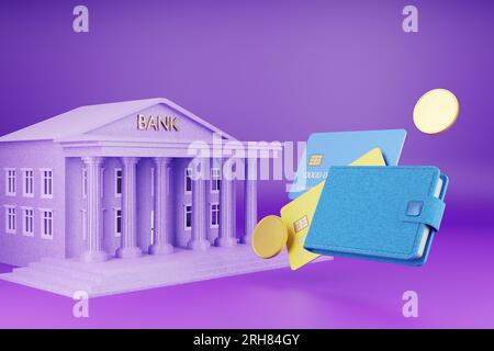 Banca online. Portafoglio con carte bancarie. Portafoglio con monete. Risparmio di denaro. Investimenti. Servizi bancari. Credito. Scambio Crypto. rendering 3d. Foto Stock