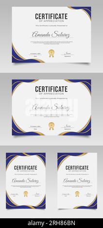 Modello di certificato di apprezzamento con elementi blu e oro Illustrazione Vettoriale