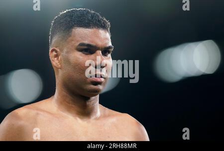 Manchester, Regno Unito. 14 agosto 2023. Casemiro del Manchester United durante la partita di Premier League all'Old Trafford, Manchester. Il credito fotografico dovrebbe leggere: Andrew Yates/Sportimage Credit: Sportimage Ltd/Alamy Live News Foto Stock