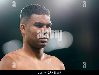 Manchester, Regno Unito. 14 agosto 2023. Casemiro del Manchester United durante la partita di Premier League all'Old Trafford, Manchester. Il credito fotografico dovrebbe leggere: Andrew Yates/Sportimage Credit: Sportimage Ltd/Alamy Live News Foto Stock