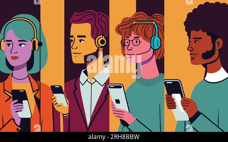 Diversi gruppi di persone che comunicano con la tecnologia moderna. Art. Vettoriale Diversità, smartphone, app, chat, social media, concetto di SMS. Illustrazione Vettoriale