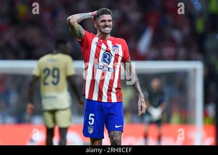 Madrid, Spagna. 14 agosto 2023. Il Rodrigo de Paul dell'Atletico de Madrid reagisce durante la partita di calcio spagnola della Liga tra l'Atletico de Madrid e il Granada CF a Madrid, Spagna, 14 agosto 2023. Crediti: Gustavo Valiente/Xinhua/Alamy Live News Foto Stock