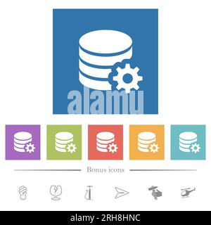 Icone bianche piatte di configurazione database su sfondi quadrati. 6 icone bonus incluse. Illustrazione Vettoriale