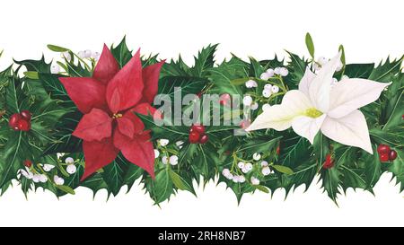 ghirlanda di confine senza cuciture con foglie di agnello natalizio bacche, poinsettia, vischio isolato su sfondo bianco. Bordi disegnati a mano ad acquerello Foto Stock