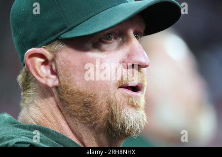 St Louis, Stati Uniti. 14 agosto 2023. Il manager degli Oakland Athletics Mark Kotsay assiste all'azione contro i St. Louis Cardinals nel terzo inning al Busch Stadium di St. Louis il 14 agosto 2023. Foto di Bill Greenblatt/UPI credito: UPI/Alamy Live News Foto Stock