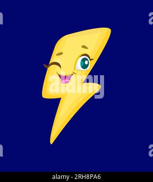 Cartoni animati simpatico personaggio fulminante, fulmine giocoso ed energico con faccia sorridente e occhio di occhiolino. Libro vettoriale isolato per bambini, gioco, personale dell'app per le previsioni del tempo. Simbolo di energia Illustrazione Vettoriale