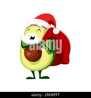 Avocado Babbo Natale Cartoon con borsa regalo pronta per portare gioia e risate alla stagione natalizia. Personaggio di verdure natalizie vettoriali isolato con barba e sacco pieno di regali Illustrazione Vettoriale