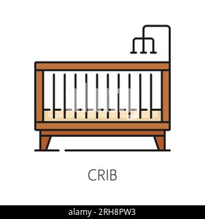 Culla o lettino per neonati, icona dell'arredamento degli interni della casa o dell'asilo, vettore di linea. Culla in legno o lettino per bimbi e bambini nell'icona del contorno per il pittogramma dei mobili del soggiorno o della camera da letto Illustrazione Vettoriale