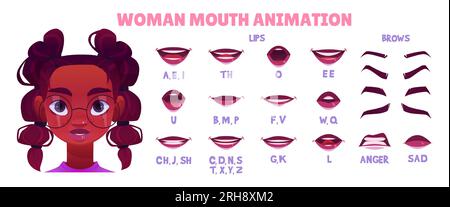 Vettore di animazione della bocca del labbro del personaggio di donna nera. Testa di ragazza con occhiali pronuncia alfabeto inglese sincronizzazione ed espressione movimento articolazione illustrazione icona. Afro-americano Illustrazione Vettoriale