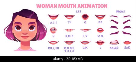 Set di animazione vettoriale pronuncia sincronizzata personaggio donna. Viso femminile con movimento di lingua e denti per un discorso animato con espressione emotiva. Animare il modello di articolazione di signora hippie Illustrazione Vettoriale