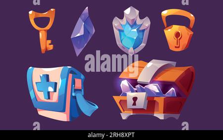 Set di icone dell'interfaccia utente del gioco dei cartoni animati isolate sullo sfondo. Illustrazione vettoriale di uno scrigno in legno aperto con ametista, chiave e lucchetto dorati, gemma blu con cornice in argento, borsa con croce. Simboli asola Illustrazione Vettoriale