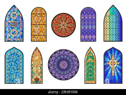 Vetrate a mosaico, tempietto della chiesa, finestre piatte della cattedrale, set di specchi decorati isolati su sfondo vuoto, illustrazione vettoriale Illustrazione Vettoriale