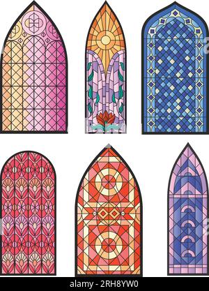 Set con vetrate isolate a mosaico della chiesa, del tempio, finestre della cattedrale illuminate icone colorate su sfondo vuoto illustrazione vettoriale Illustrazione Vettoriale