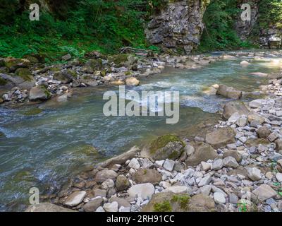 Piccolo fiume che scorre rapidamente e vividamente attraverso la sua valle rocciosa selvaggia Foto Stock