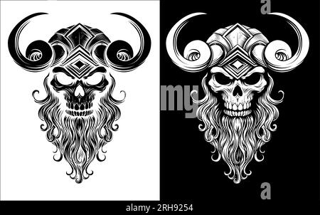 Viking Warrior Skull Man Mascot Face in casco Illustrazione Vettoriale