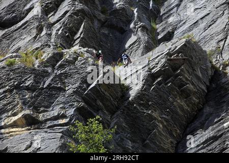 Via Ferrata de Curalla, sotto l'Altopiano d'Assy. Passy, paese del Monte bianco. Vicino a Saint Gervais. Alta Savoia, Francia Foto Stock