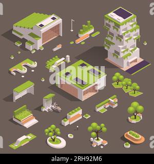 Spazi verdi urbani, icona isometrica di design ecologico con alberi case aiuole panche illustrazione vettoriale Illustrazione Vettoriale