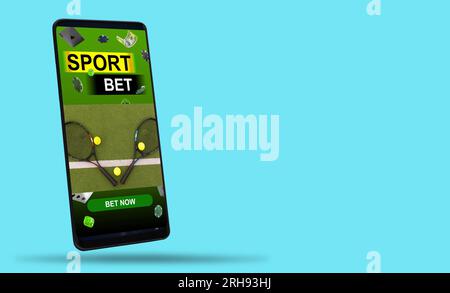 app del provider di scommesse sullo schermo dello smartphone con un'ampia ombra che offre la sensazione di fluttuare sopra lo sfondo. Sfondo bianco. Foto Stock