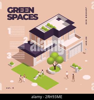 Spazi verdi urbani design ecologico composizione colorata isometrica con tre punti grande titolo e casa urbana con illustrazione vettoriale green Illustrazione Vettoriale