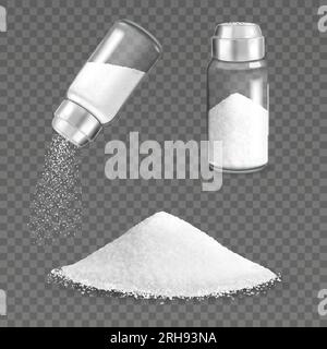 Set realistico di agitatori salini con sfondo trasparente e immagini isolate di celle saline e illustrazioni vettoriali in polvere Illustrazione Vettoriale