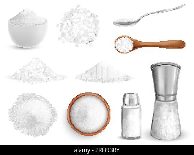 Set realistico di immagini isolate con grana grossa e fine in piatti cucchiai e cantine illustrazione vettoriale Illustrazione Vettoriale