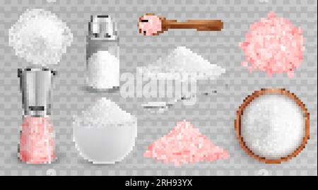 Set realistico di immagini isolate con sale bianco e rosa in piatti di cantine e illustrazioni vettoriali Illustrazione Vettoriale