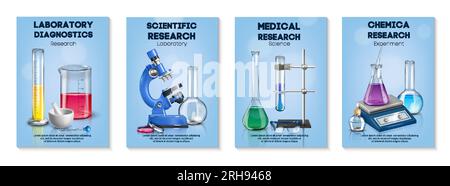 Set realistico di poster verticali da laboratorio con testo modificabile e composizioni di apparecchiature da laboratorio per l'illustrazione dei vettori di ricerca Illustrazione Vettoriale