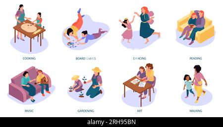 Attività della famiglia Motherhood raccolta di composizioni isometriche isolate su sfondo bianco illustrazione vettoriale Illustrazione Vettoriale