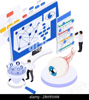 Tecnologia di concetto di neuromarketing con personaggi umani che fanno ricerca di illustrazione vettoriale isometrica Illustrazione Vettoriale