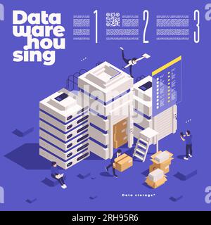 Icone del concetto di gestione dei dati composizione isometrica con immagini dei rack server caratteri dei lavoratori e illustrazione dei vettori di testo Illustrazione Vettoriale