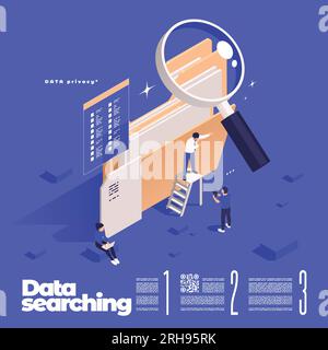Icone del concetto di gestione dei dati composizione isometrica con lente di ingrandimento testo modificabile e cartella documenti con illustrazione vettoriale persone Illustrazione Vettoriale