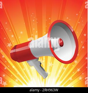 Altoparlante e megafono con illuminazione su sfondo rosso e stella, illustrazione vettoriale realistica Illustrazione Vettoriale