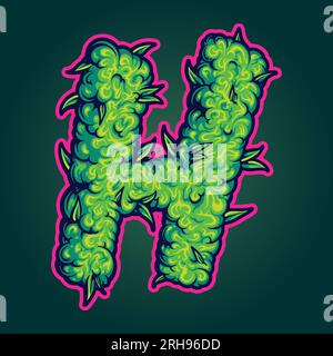 Monogramma H audace con texture in boccioli di marijuana illustrazioni vettoriali iniziali per il logo del tuo lavoro, t-shirt di merchandisse, adesivi e disegni di etichette, poster, g Illustrazione Vettoriale