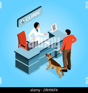 Composizione isometrica della clinica veterinaria con proprietario di cane maschio e lavoratore femminile alla reception su sfondo blu illustrazione vettoriale Illustrazione Vettoriale