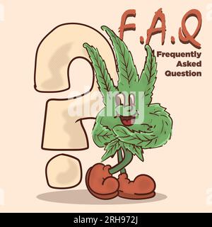 Mascotte di cannabis davanti al punto interrogativo per il concetto Frequently Aseked Question (FAQ). ganja retrò con illustrazione vettoriale del concetto di mascotte facciale Illustrazione Vettoriale