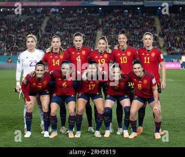 Auckland, nuova Zelanda. 15 agosto 2023. Auckland, nuova Zelanda, 15 agosto 2023: Giocatori di Spagna prima della partita di calcio FIFA Womens World Cup 2023 tra Spagna e Svezia all'Eden Park di Auckland, nuova Zelanda. (Ane Frosaker/SPP) credito: SPP Sport Press Photo. /Alamy Live News Foto Stock