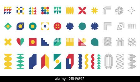 Raccolta di forme geometriche semplici. Ispirato al minimalismo svizzero, Bauhaus, brutalismo, retrofuturismo. Elementi di progettazione astratti. Colore vettore piatto AN Illustrazione Vettoriale