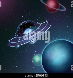Poster realistico della navicella spaziale UFO con astronave aliena tra pianeti illustrazione vettoriale Illustrazione Vettoriale