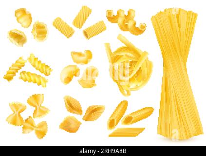 Set realistico di tipi di pasta italiana secca isolato su sfondo bianco illustrazione vettoriale Illustrazione Vettoriale