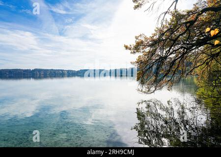 Idilliaco paesaggio autunnale vicino al lago. Foto Stock