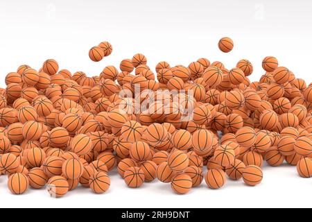 Molti palloni da basket volanti arancioni cadono su sfondo blu. rendering  3d di accessori sportivi per giochi di squadra, esercizi e competizioni  Foto stock - Alamy