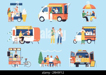 Set di colori Street food con composizioni isolate di bancarelle di gelati camion e rimorchi che vendono illustrazioni vettoriali di alimenti Illustrazione Vettoriale