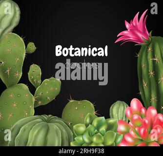 Composizione realistica del cactus con testo decorato della lavagna circondato da immagini di diverse specie di illustrazione vettoriale delle piante di cactus Illustrazione Vettoriale
