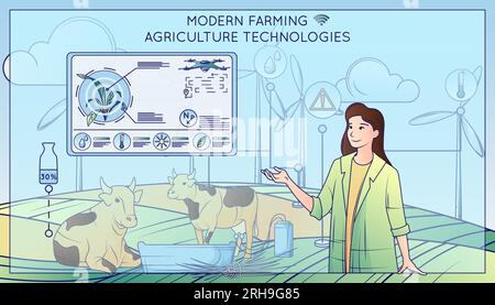 Moderne tecnologie agricole composizione a linee piatte con mungitura di mucche testo di carattere femminile e icone illustrazione vettoriale Illustrazione Vettoriale