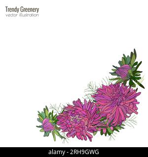 Cornice vettoriale disegnata a mano con fiori, margherite, foglie verdi, corona di assi Illustrazione Vettoriale