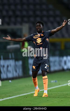 Torino, Italia. 14 agosto 2023. Brian Bayeye del Torino FC gestures durante il round di Coppa Italia del 32 tra Torino FC e Feralpisalo allo Stadio Olimpico grande Torino il 14 agosto 2023 a Torino. Crediti: Marco Canoniero/Alamy Live News Foto Stock