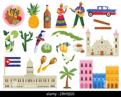 Icone piatte di Cuba insieme di simboli cubani piatti nazionali punti di riferimento persone fauna e flora illustrazione vettoriale isolata Illustrazione Vettoriale