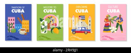 Tradizioni e cultura cubane poster verticali colorati con cucina cubana, architettura delle persone, illustrazione vettoriale piatta e isolata Illustrazione Vettoriale