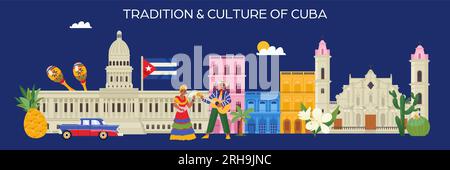 Tradizione e cultura di cuba bandiera orizzontale piatta con flora e gente cubani su sfondo blu illustrazione vettoriale Illustrazione Vettoriale
