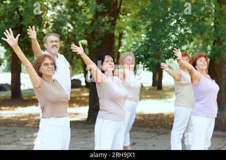 Gruppo di persone attive e anziane, uomini e donne che si allenano all'aperto nel parco, facendo esercizi di riscaldamento Foto Stock